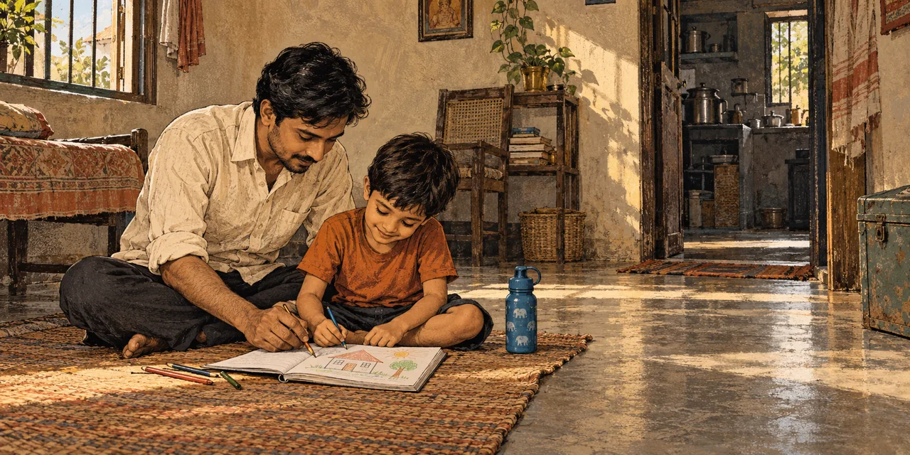 Illustration of Amit and young Aarav drawing a house together on the floor of their home.