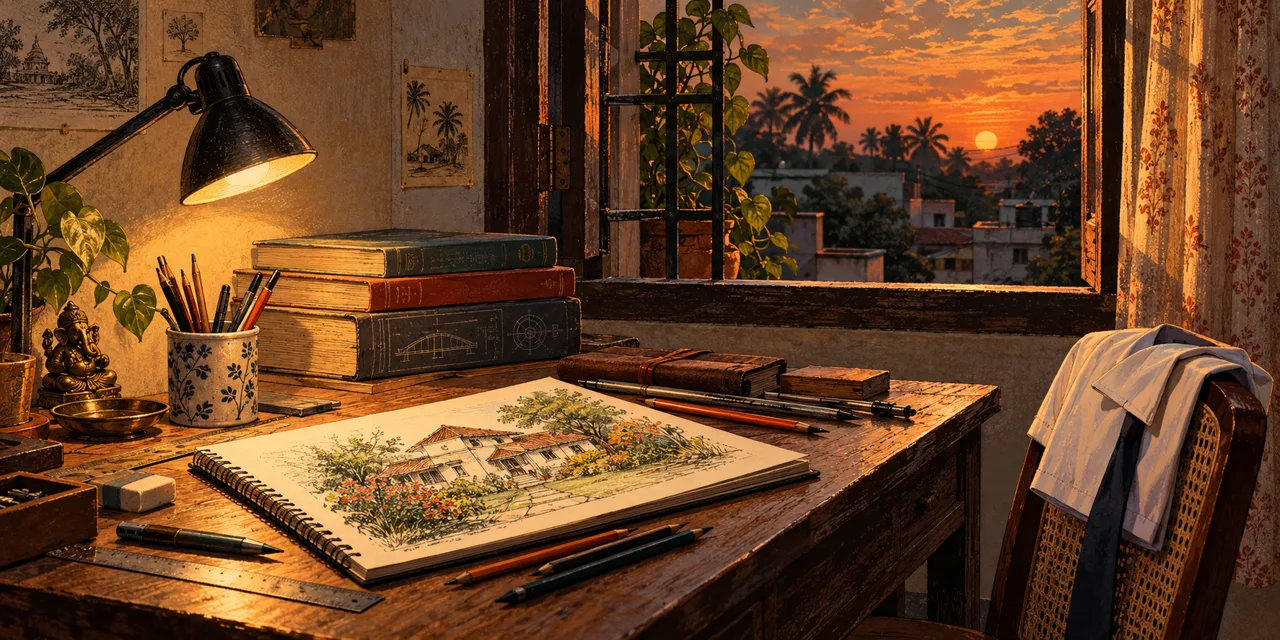 An illustrated sketchbook showing a house, beside textbooks and an empty chair.