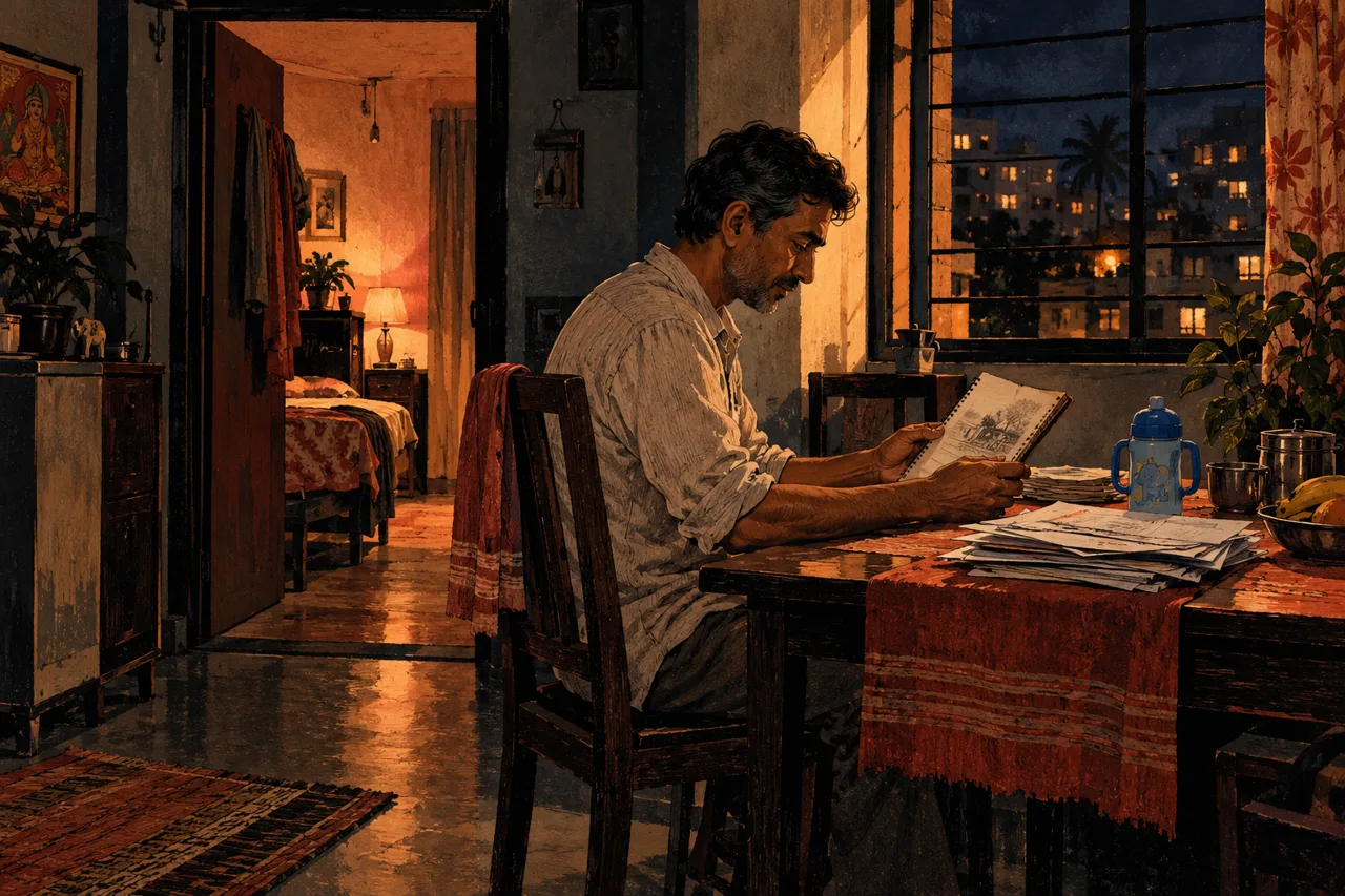 Illustration of Amit at a table, looking through an old drawing notebook beside papers and a child’s blue bottle.
